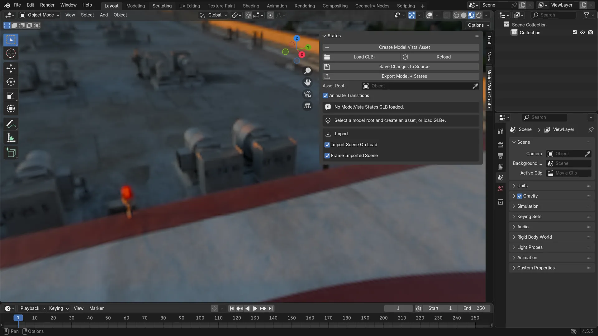 The 1.0.0 sidebar with Create Model Vista Asset, Load GLB+, and import settings