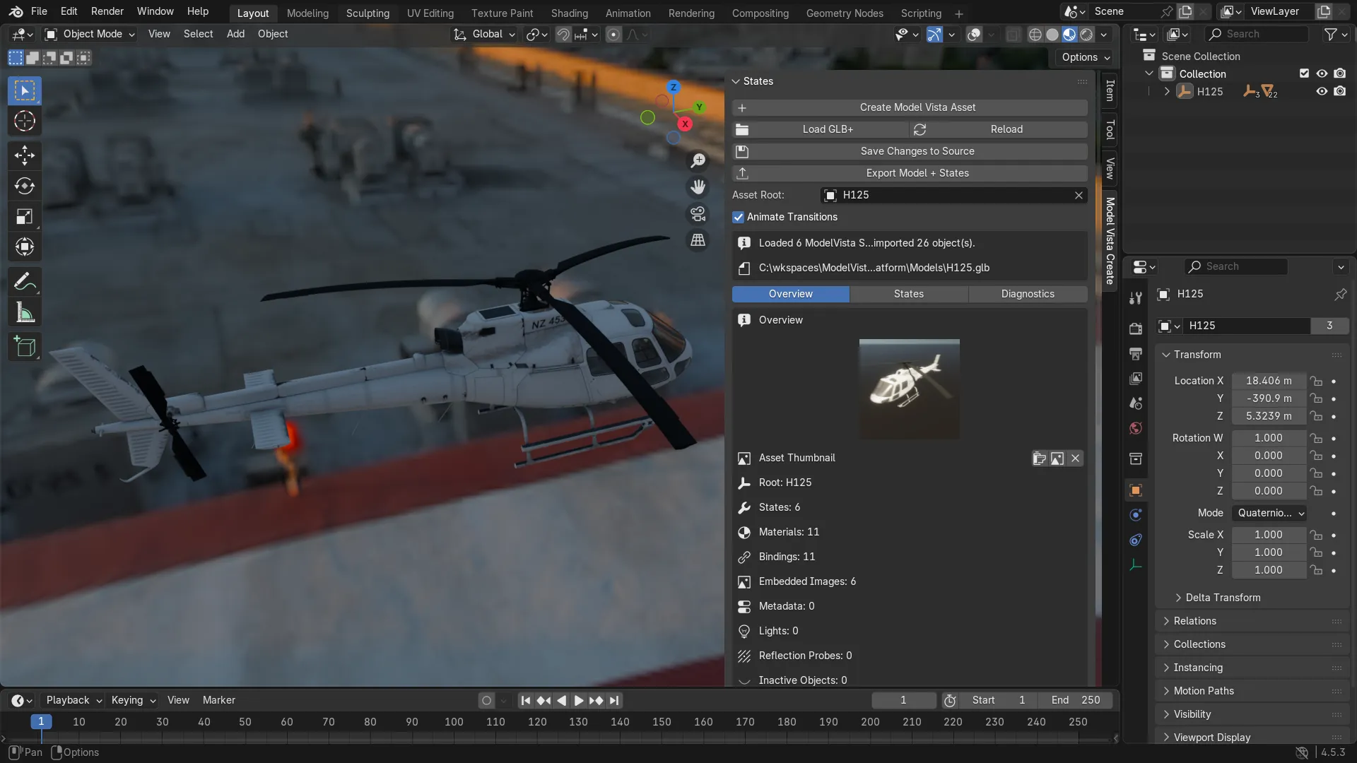H125 loaded in Blender with the 1.0.0 toolbar and Overview