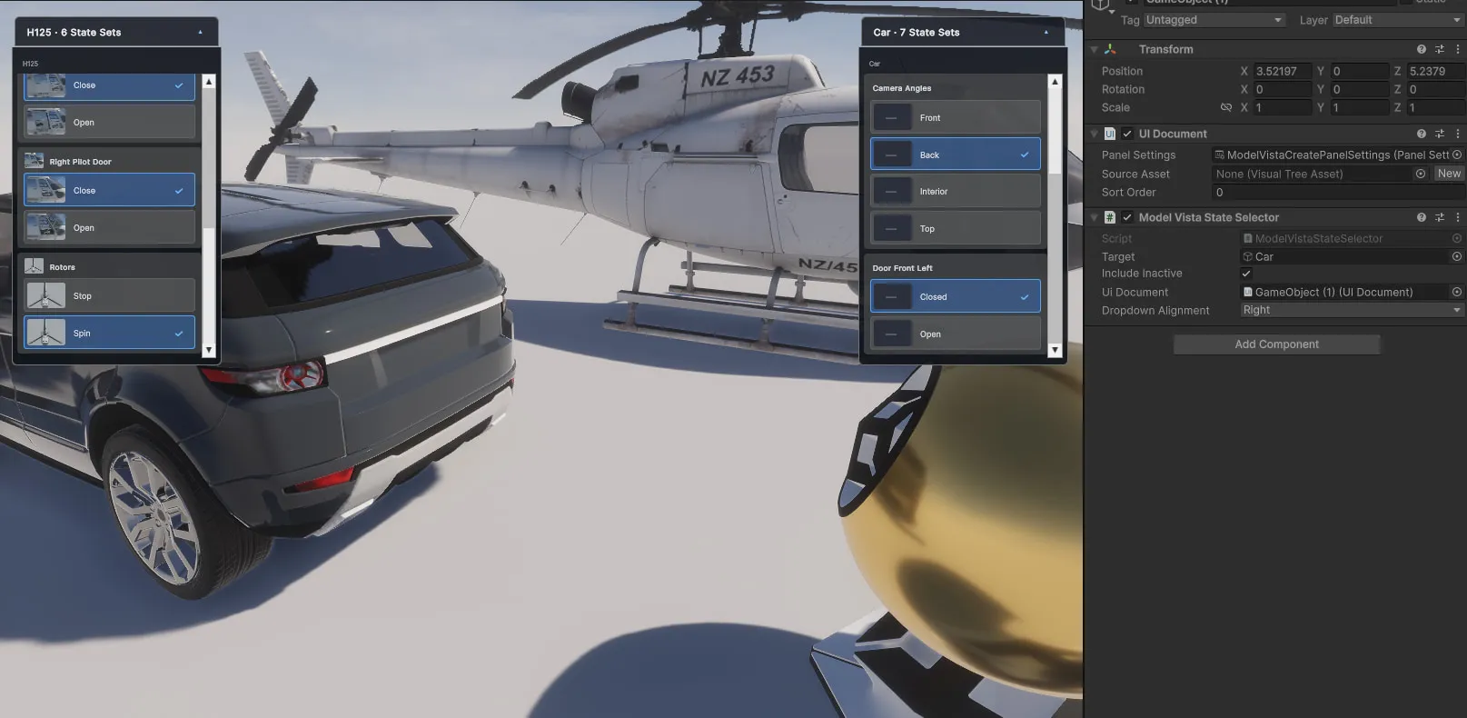 State Selector Sample displaying the State Sets for a helicopter and a car in Unity