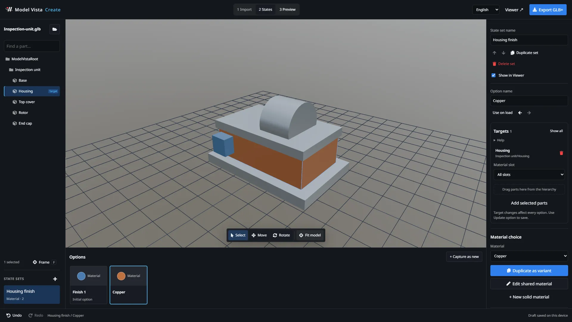 組み込み Inspection unit、モデル階層、Housing finish ステート、オプションのインスペクターを表示した Create Web 作成画面