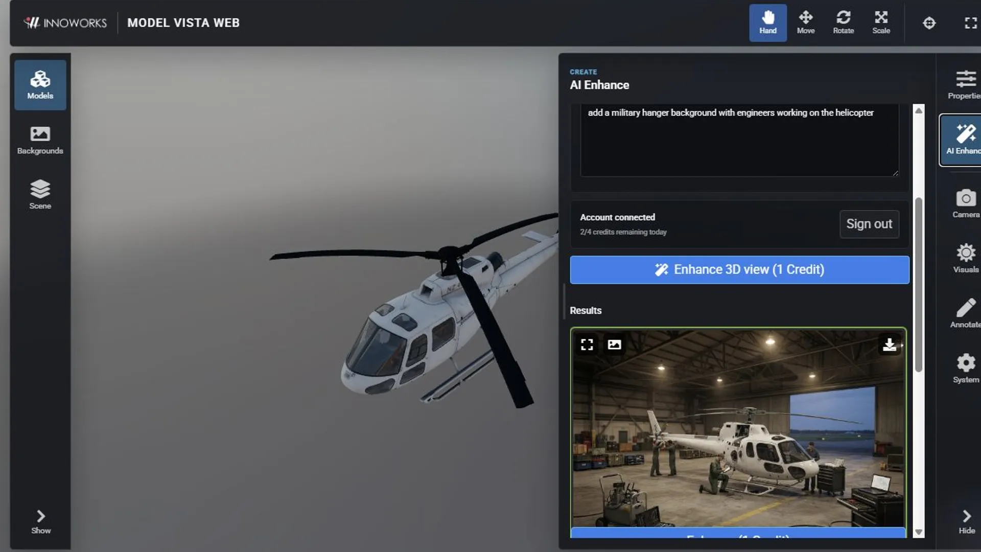 AI Enhance model, resolution, aspect ratio, prompt, account, and credit controls
