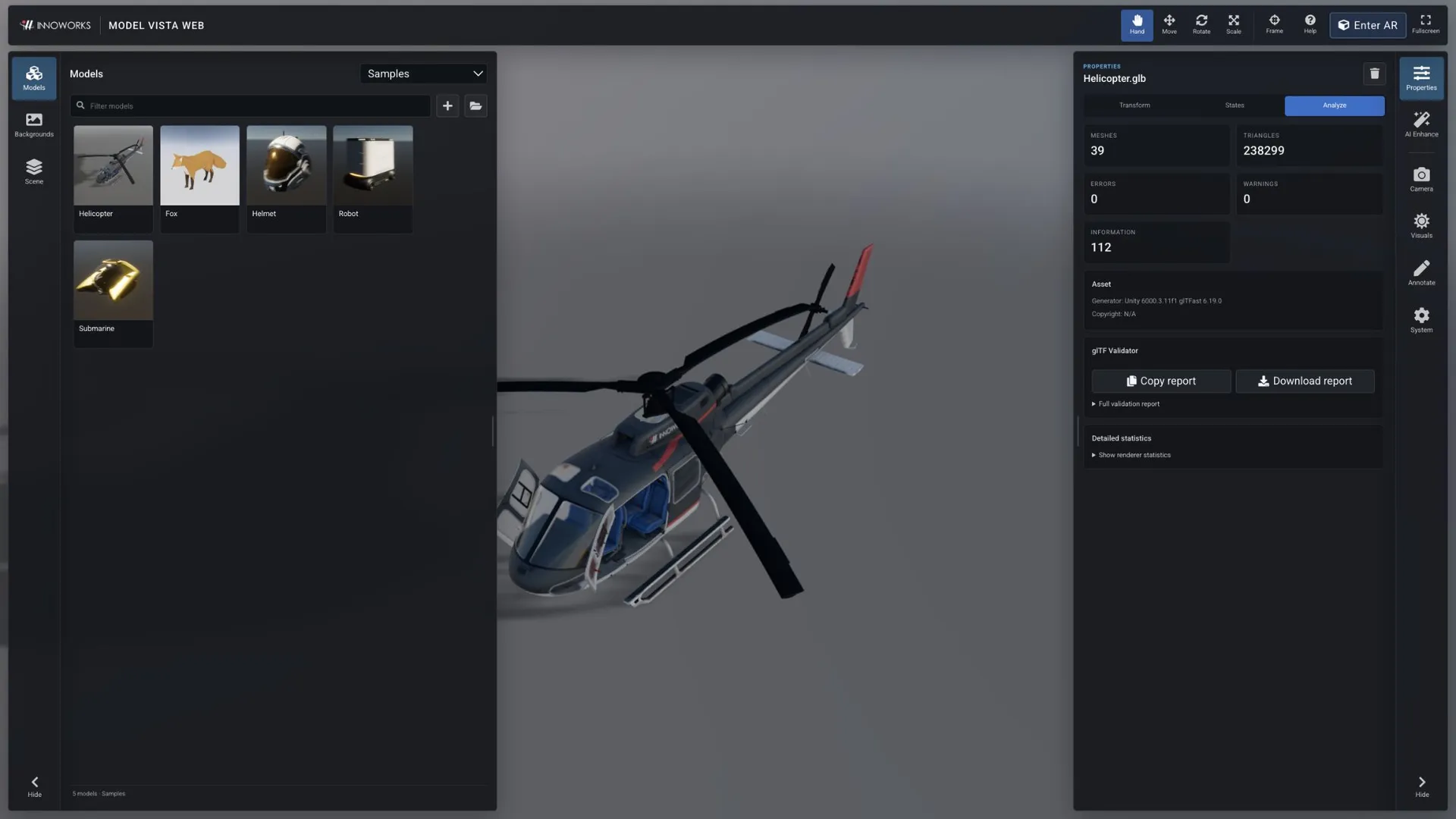 Analyze showing Helicopter metrics and glTF Validator report actions