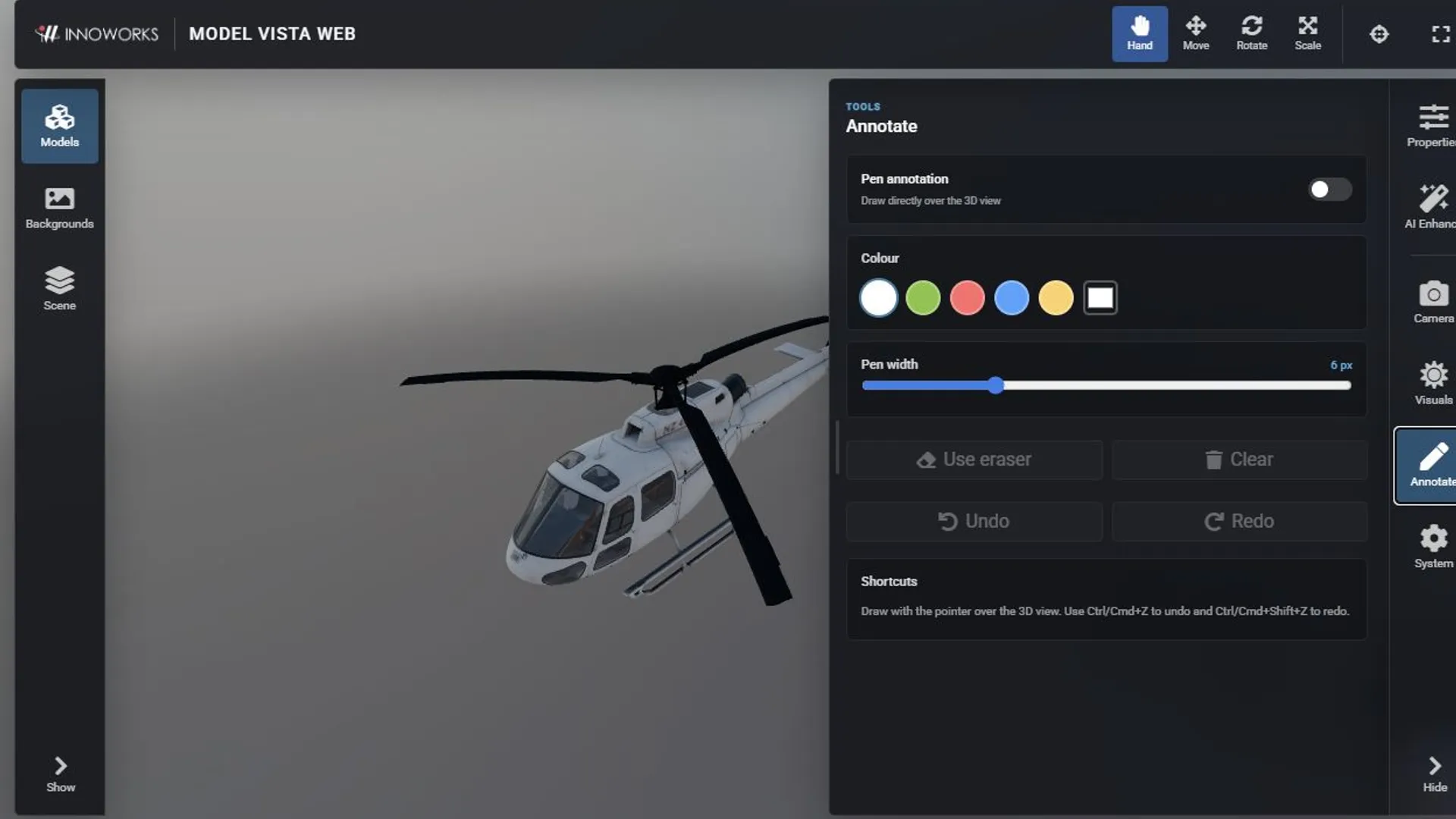 Annotation color, width, eraser, and history controls