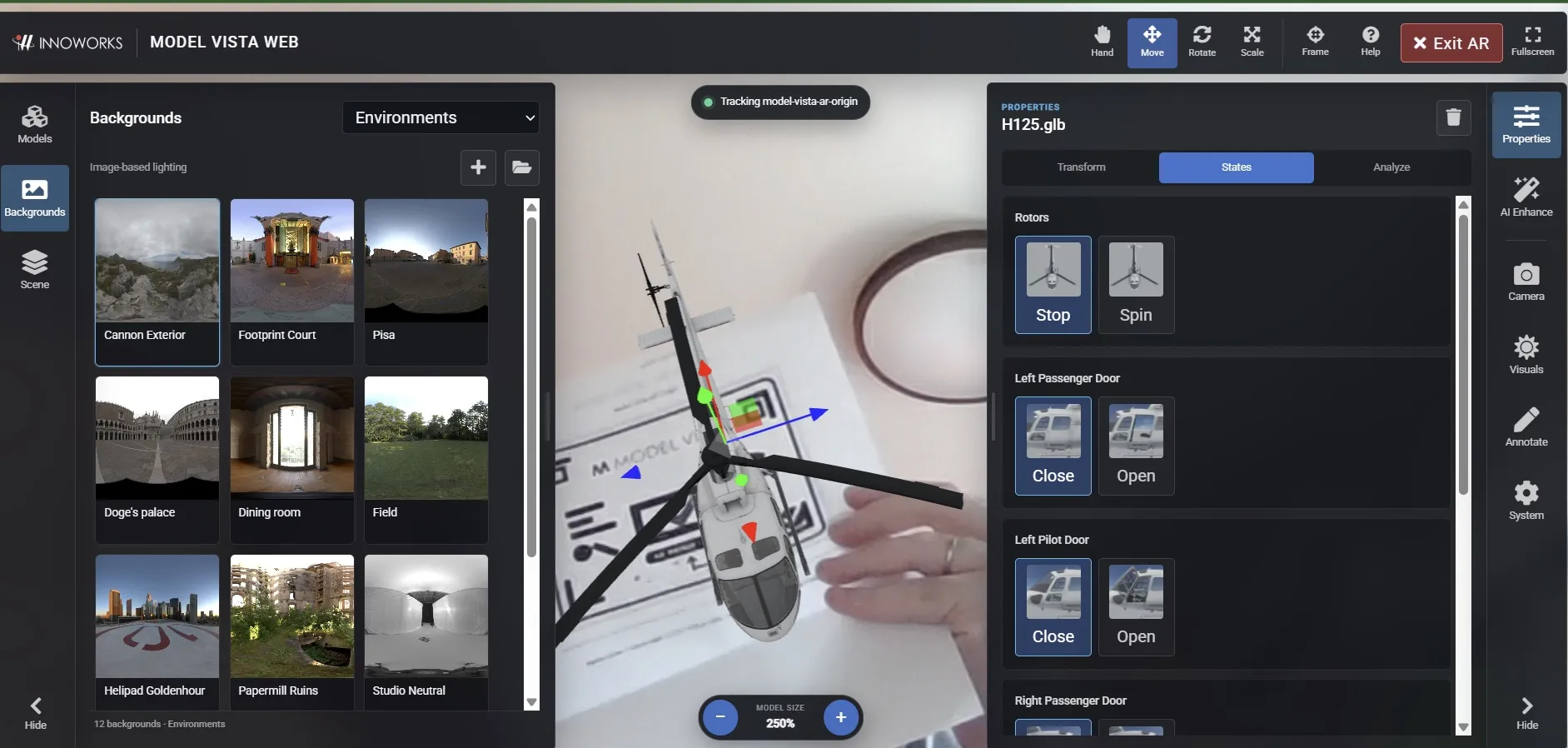 Model Vista Web tracking the H125 over an AR marker with the States panel open and model size set to 250%