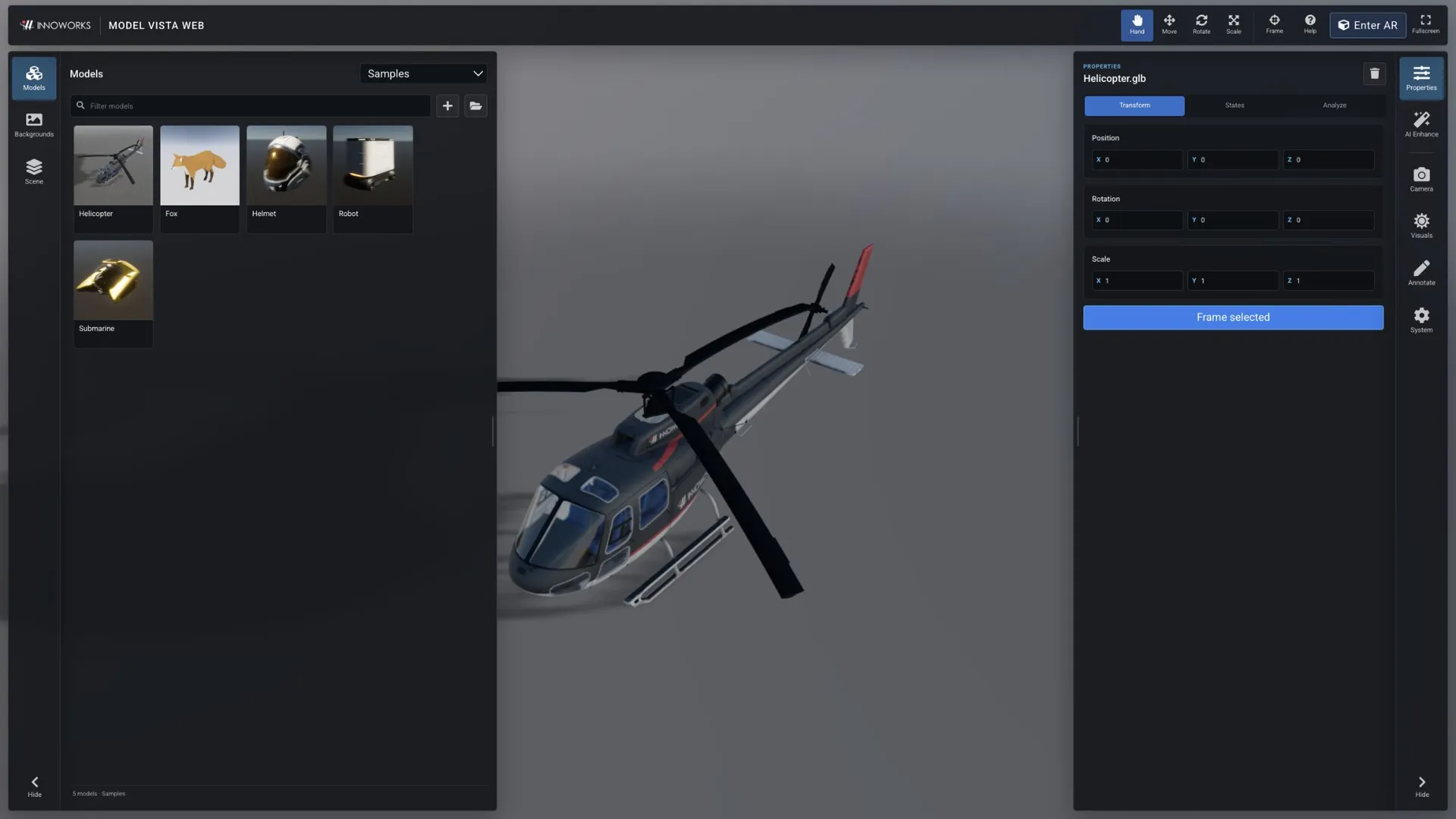 Model Vista Web showing the Helicopter sample, model library, transform controls, and properties