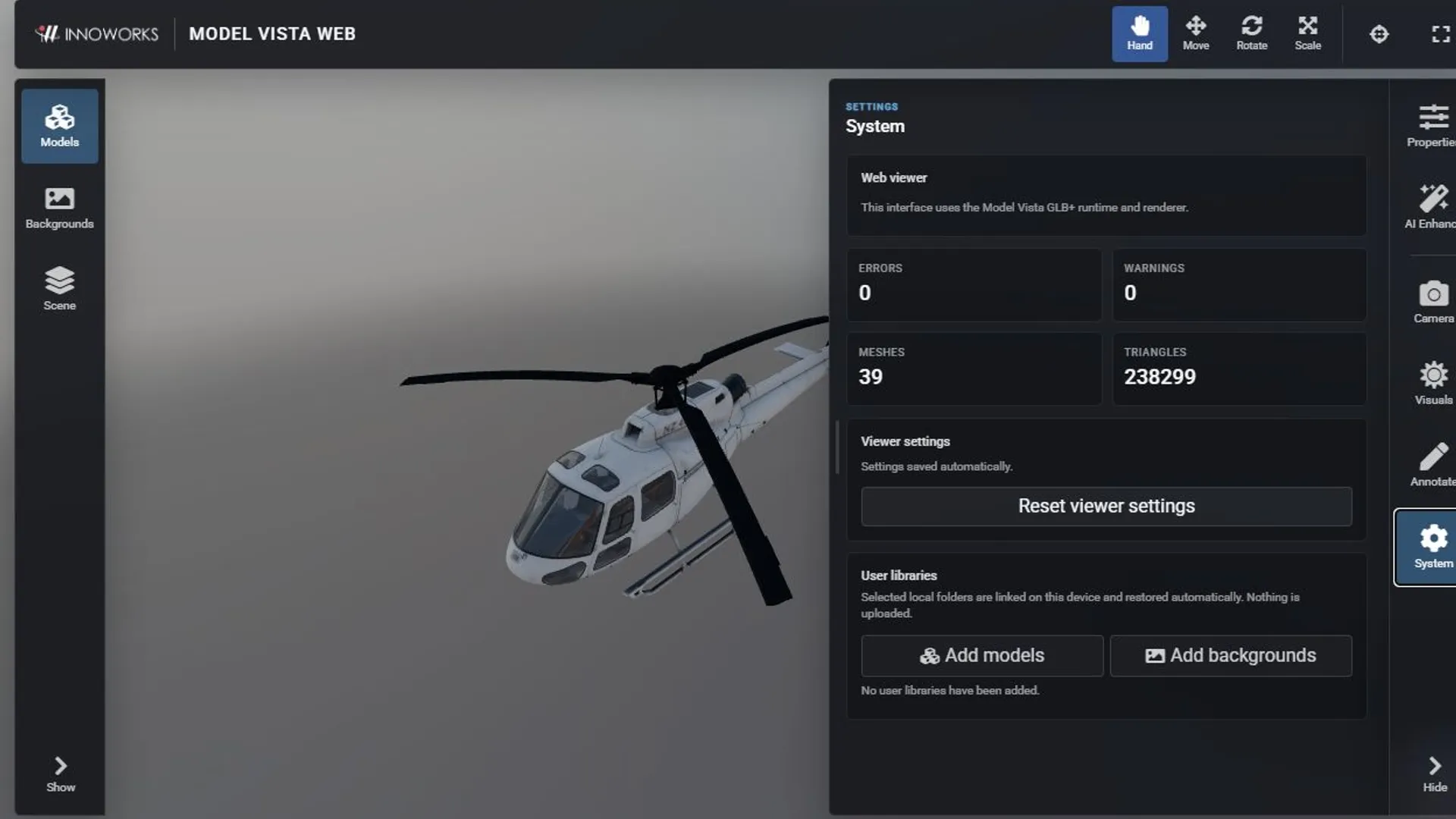 System showing saved viewer settings, metrics, and local library controls