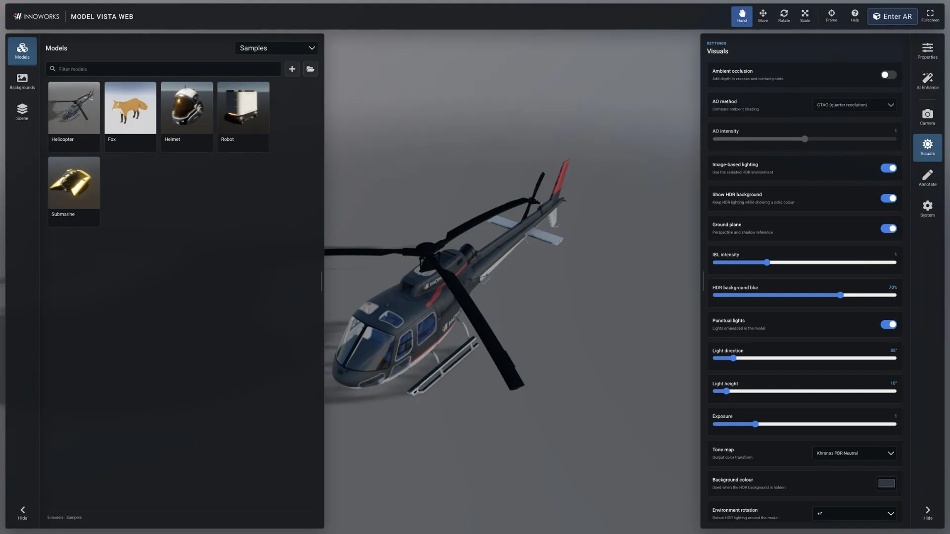 Visuals controls for HDR lighting, exposure, tone mapping, and the ground plane