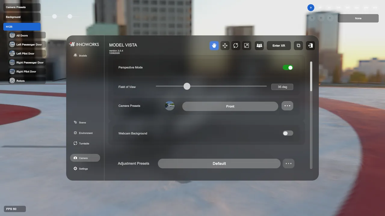 Camera controls with the saved Front preset selected