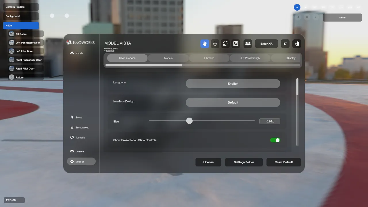 Settings in Model Vista