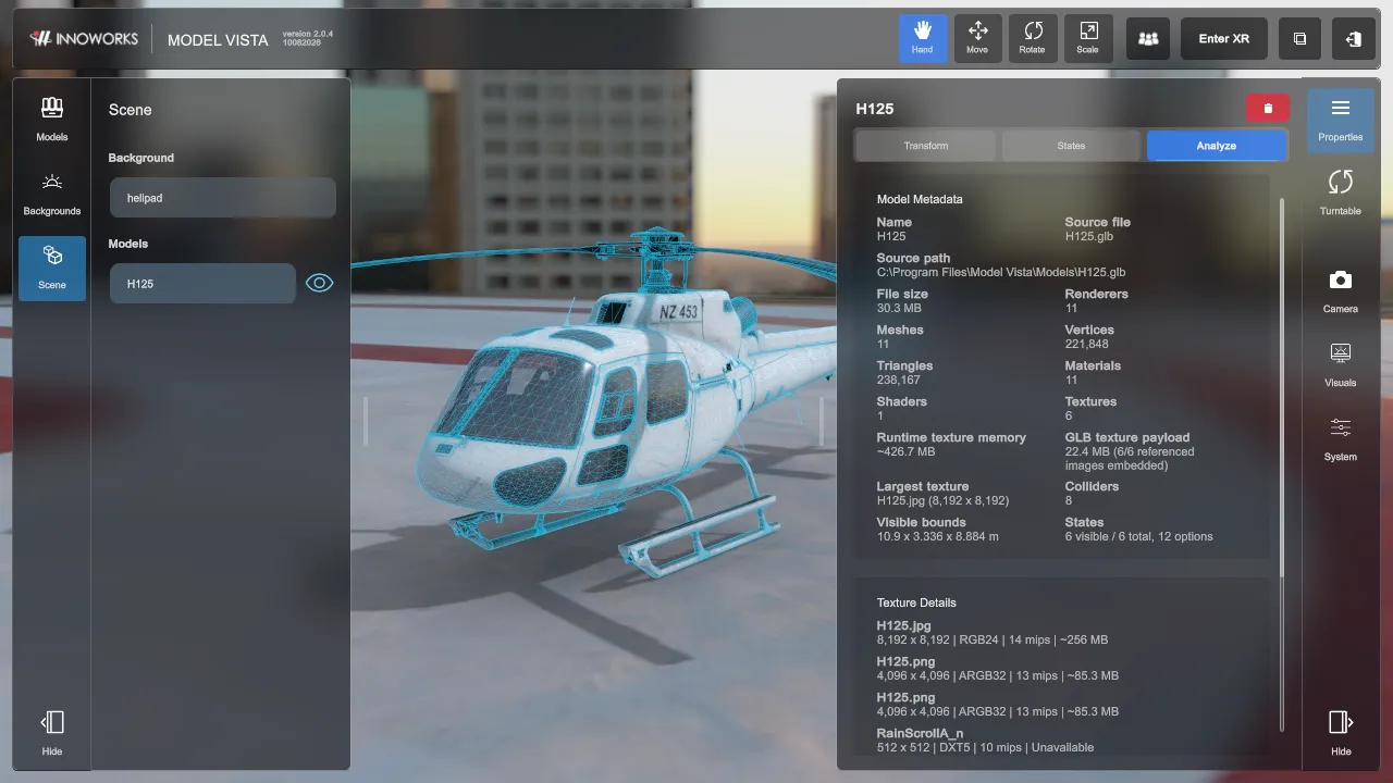The Experimental interface with Models and Scene on the left and Analyze properties on the right