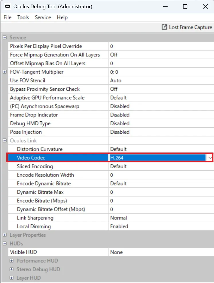 Oculus Debug Tool の Oculus Link で Video Codec を H.264 に設定した状態